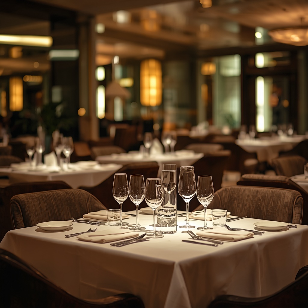 Interior of a high-end luxury restaurant, elegant dining tables with white tablecloths, crystal glasses, warm ambient lighting, modern aesthetic, professional culinary setting, no people, no text