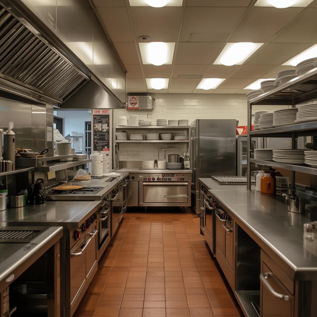 A professional commercial kitchen with stainless steel appliances, clean and organized workspace, culinary environment, warm lighting, no people, no text